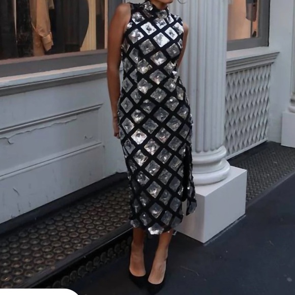 NWT French Connection Axel Embellished Sequin Dress In Black/Silver Midi - Picture 11 of 11